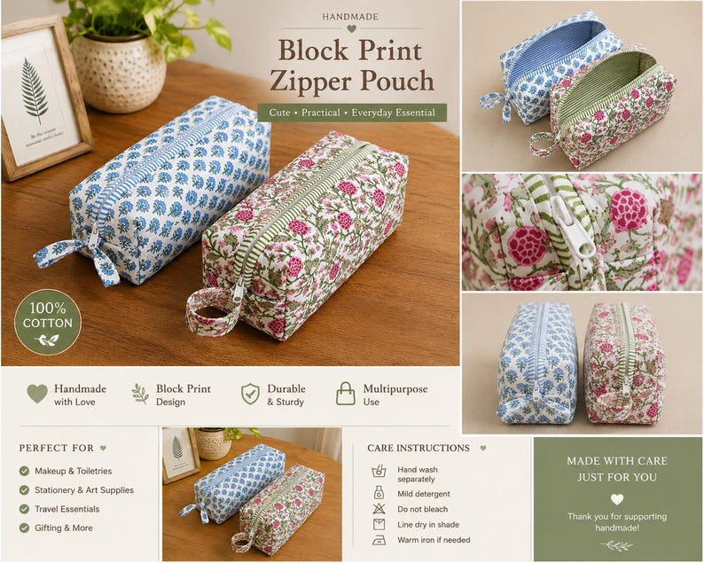 K&ouml;nnte beinhalten: Handgefertigte Blockdruck-Rei&szlig;verschlusstaschen mit blauen und rosa Blumenmustern. Die T&auml;schchen bestehen aus 100 % Baumwolle und haben einen Rei&szlig;verschluss. Der Text auf dem Bild lautet "Cute, Practical, Everyday Essential."