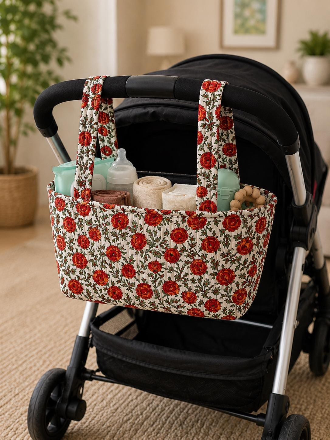 Floral Stroller Caddy: Quilted Cotton Pram Organizer