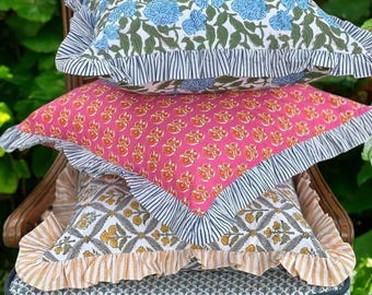 Block Print Floral Pillow Cover: Boho Indian Cotton Cushion
