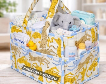 Leopard Print Quilted Nappy Caddy, Handmade Diaper Organizer Basket, Safari Nursery Storage
