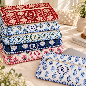 Quilted Cotton Laptop Sleeve | Botanical Print Padded Case, Sky Blue Floral Bag