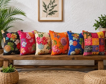 All Size and Color Kantha Cushion Cover Indian Handmade Bird Print Kantha Cushion Cover Decorative Pillow Cover Throw Kantha Cushion