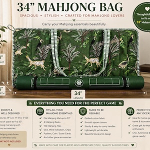 May include: A rectangular quilted mahjong bag with a green tropical jungle print featuring toucans and leopards. The bag measures 86.36 cm long, 27.94 cm high, and 15.24 cm deep. It includes striped carrying handles and a zipper closure.