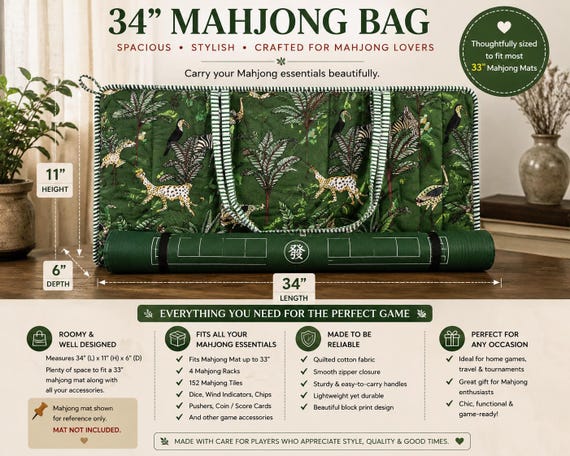 XL Mahjong Tote Bag | Embroidered Cotton Zip Tote | Optional TILES Pouch