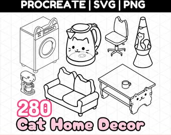 Procreate PNG SVG Isometric Furniture Cute Cat Kawaii Anime Room Interior Art Design Home Decor Bedroom Living Kitchen Appliances Lighting