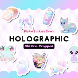 May include: A digital sticker sheet with 100 pre-cropped holographic stickers. The stickers feature a variety of cute designs, including a frog, a ghost, a cat, a can of soda, a bowl of ramen, a bow, a slice of bread, and stars.