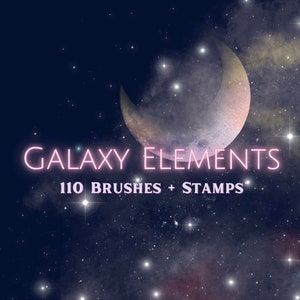 May include: A digital illustration of a crescent moon and stars against a dark blue background. The text "GALAXY ELEMENTS 110 BRUSHES + STAMPS" is displayed in pink.