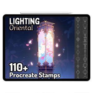 Puede incluir: Una ilustración digital de un conjunto de sellos Procreate con más de 110 linternas de estilo oriental. La imagen muestra una linterna brillante con flores rosas y azules en su interior, rodeada de pétalos que caen. El texto "LIGHTING Oriental" y "110+ Procreate Stamps" es visible.