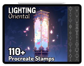 Procreate Oriental Lantern Lamps Chinese Stamps Brush Lighting Ancient China Drawing Guide Coloring Anime Hanfu Furniture Landscape Japanese