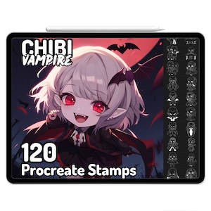 Procreate Chibi Vampirzähne Kawaii Gothic Lustige magische Zeichenanleitung Stempel Pinsel Malen Gruselige süße Halloween-Charaktere Skizze