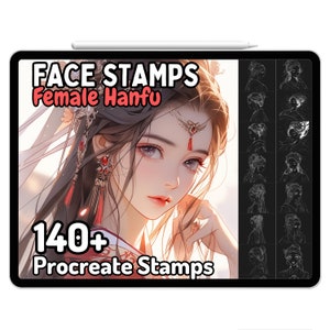 Puede incluir: Una ilustración digital de una mujer con cabello negro largo que lleva un vestido tradicional chino hanfu. La imagen es una vista previa de un conjunto de más de 140 sellos de Procreate que presentan diferentes rostros femeninos en estilos hanfu. El texto "FACE STAMPS Female Hanfu" se muestra en la parte superior de la imagen.