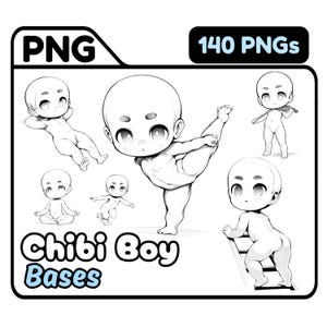 Könnte beinhalten: Ein Set mit 140 Schwarzweiß-Linienzeichnungen von Chibi-Jungen-Basisposen. Die Posen umfassen einen Jungen, der im Schneidersitz sitzt, einen Jungen, der mit einem erhobenen Bein steht, einen Jungen, der mit erhobenen Armen steht, und einen Jungen, der eine Leiter hochklettert. Der Text "Chibi Boy Bases" steht unter den Bildern.