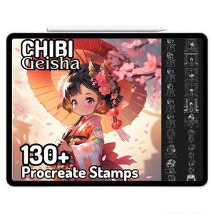 Puede incluir: Una ilustración digital de una chica geisha chibi con un kimono rosa y blanco, sosteniendo una sombrilla roja y dorada. La imagen está rodeada de flores de cerezo rosas y pétalos que caen. El texto "CHIBI Geisha" y "130+ Procreate Stamps" se muestra en la imagen.