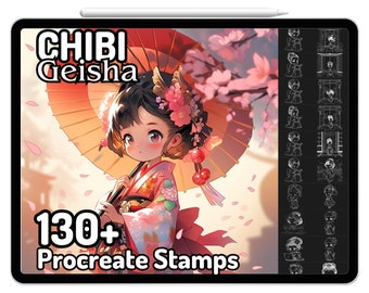 Procreate Chibi Geisha Japanese Kimono Cute Girl Traditional Ancient Cherry Blossom Drawing Guide Stamps Brush Coloring Anime Oriental Hanfu