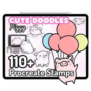 Kawaii Procreate Pinceles Sellos Cerdo Cerdito Lindo Doodle Comida Etiqueta Elementos Anime Lechones Piggie Cerdos Granja Dibujos animados Chibi Kidcore Estética