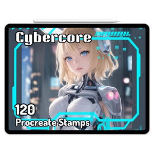 May include: A digital illustration of a female cyborg with blonde hair and blue eyes. The image is framed with a blue and black border and the text "Cybercore 120 Procreate Stamps" is displayed on the bottom.