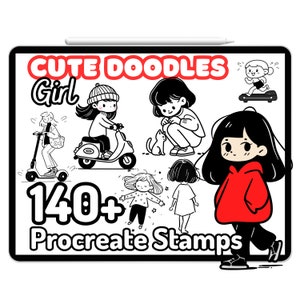 Kawaii Procreate Brushes Stamps Cute Girl Line Art Doodle Graffiti Food Sticker Elements Anime Dogs Puppies Cartoon Chibi Kidcore Aesthetic