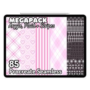 Kawaii Procreate Pennelli Sfondo senza soluzione di continuità Plaid Arygle Strisce a strisce Texture Elemento Planner Bujo Hearts Morbido carino estetico Megapack