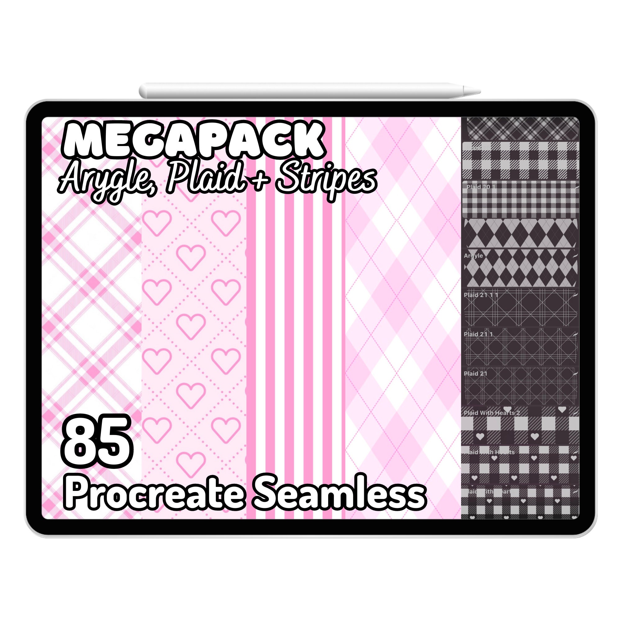 Megapack de pinceles Kawaii para Procreate – Texturas de patrones sin costuras de cuadros, tartán, argyle y rayas para iPad