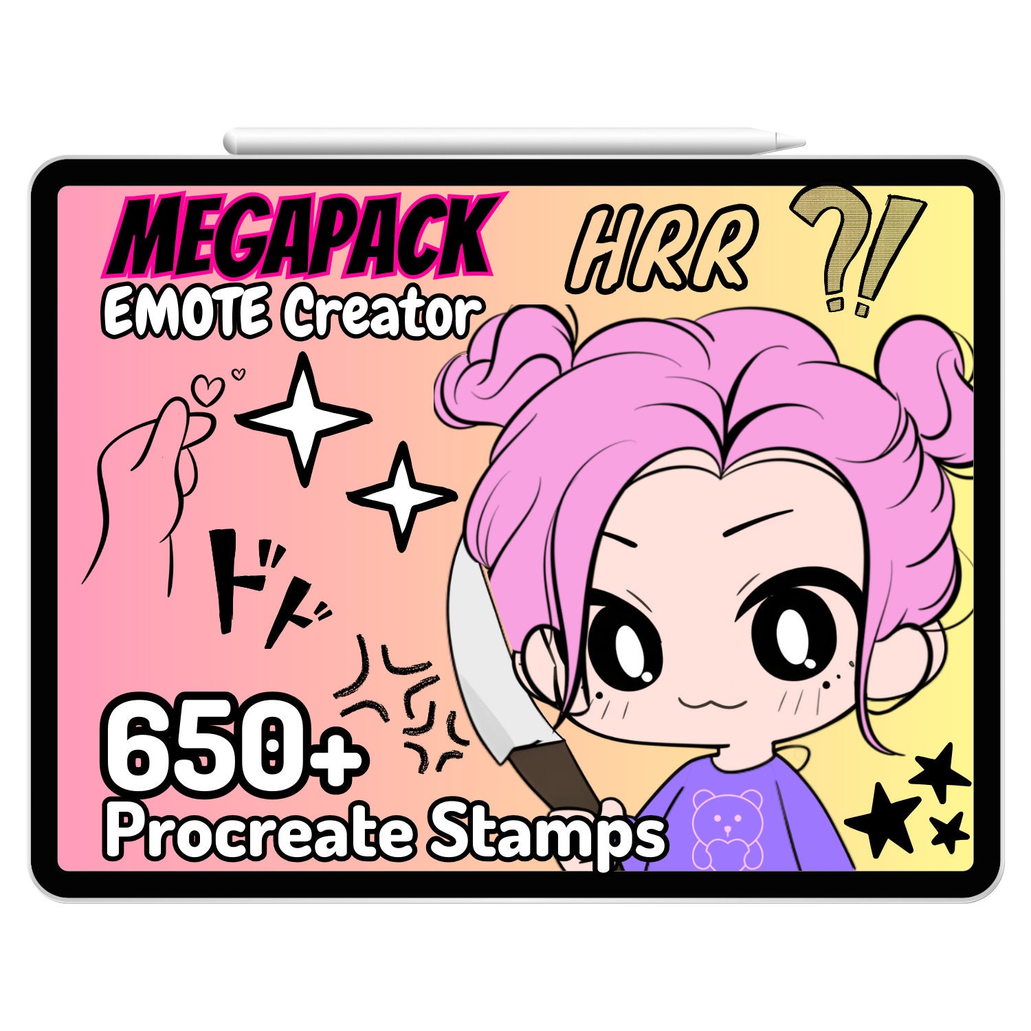 Procreate Emote Creator Megapack – más de 650 sellos chibi kawaii para insignias de Twitch y Discord con peinados, memes, palabras, accesorios, rubor y gestos de mano