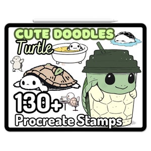 May include: A digital illustration of a set of 130+ Procreate stamps featuring cute turtle doodles. The image shows a variety of turtle designs, including a turtle in a bathtub, a turtle in a cup, and a turtle with a leaf on its back. The text "Cute Doodles Turtle" and "130+ Procreate Stamps" is also included in the image.