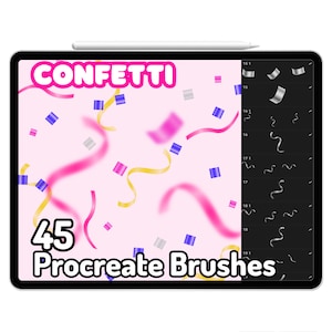 May include: A digital tablet shows a pink background with confetti and the word "CONFETTI" in pink. The text "45 Procreate Brushes" is below the confetti. A stylus rests on the top edge, and brush options are on the right.