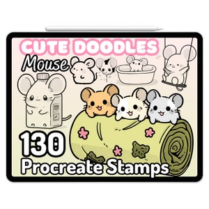 May include: A set of 130 cute mouse doodle Procreate stamps. The stamps feature various poses of mice, including a mouse holding a milk carton, a mouse in a bath, a mouse on a swing, and a mouse peeking out of a hole. The stamps are perfect for adding a touch of whimsy to your digital art.