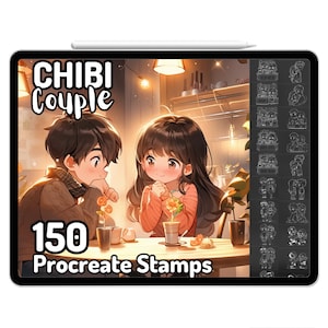 Puede incluir: Una ilustración digital de una pareja en una cita. La imagen es un conjunto de sellos Procreate con 150 sellos. La pareja está sentada en una mesa en una cafetería. El hombre lleva una chaqueta marrón y la mujer lleva un suéter rosa. La imagen está en un estilo de arte digital.