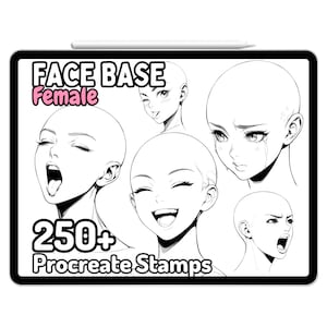 Procreate Anime Face Base Girl Woman Female Head Brushes Stamps Expressions Emotions Cute Facial Drawing Guides Adult Coloring Book Manga