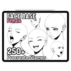 Procreate Anime Face Base Girl Woman Female Head Brushes Stamps Expressions Emotions Cute Facial Drawing Guides Adult Coloring Book Manga