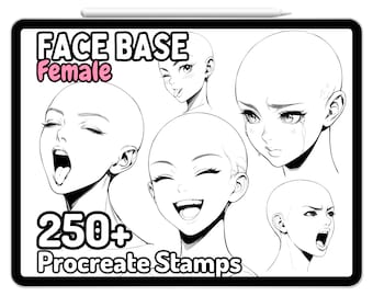 Procreate Anime Gesicht Basis Mädchen Frau Weiblichen Kopf Pinsel Stempel Ausdrücke Emotionen Niedlich Gesichtszeichnung Anleitungen Erwachsene Malbuch Manga