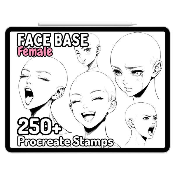 Procreate Anime Face Base Girl Woman Female Head Brushes Stamps Expressions Emotions Cute Facial Drawing Guides Adult Coloring Book Manga