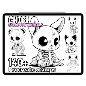 Procreate Skeleton Animals Pets Halloween Spooky Kawaii Chibi Skull Gothic Drawing Guide Stamps Brushes Creepy Cute Tattoo Funny Characters