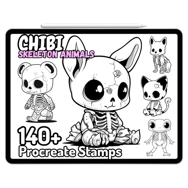 Procreate Skelett Tiere Haustiere Halloween Spooky Kawaii Chibi Skull Gothic Zeichnung Anleitung Stempel Pinsel Gruselig Süß Tattoo Lustige Charaktere