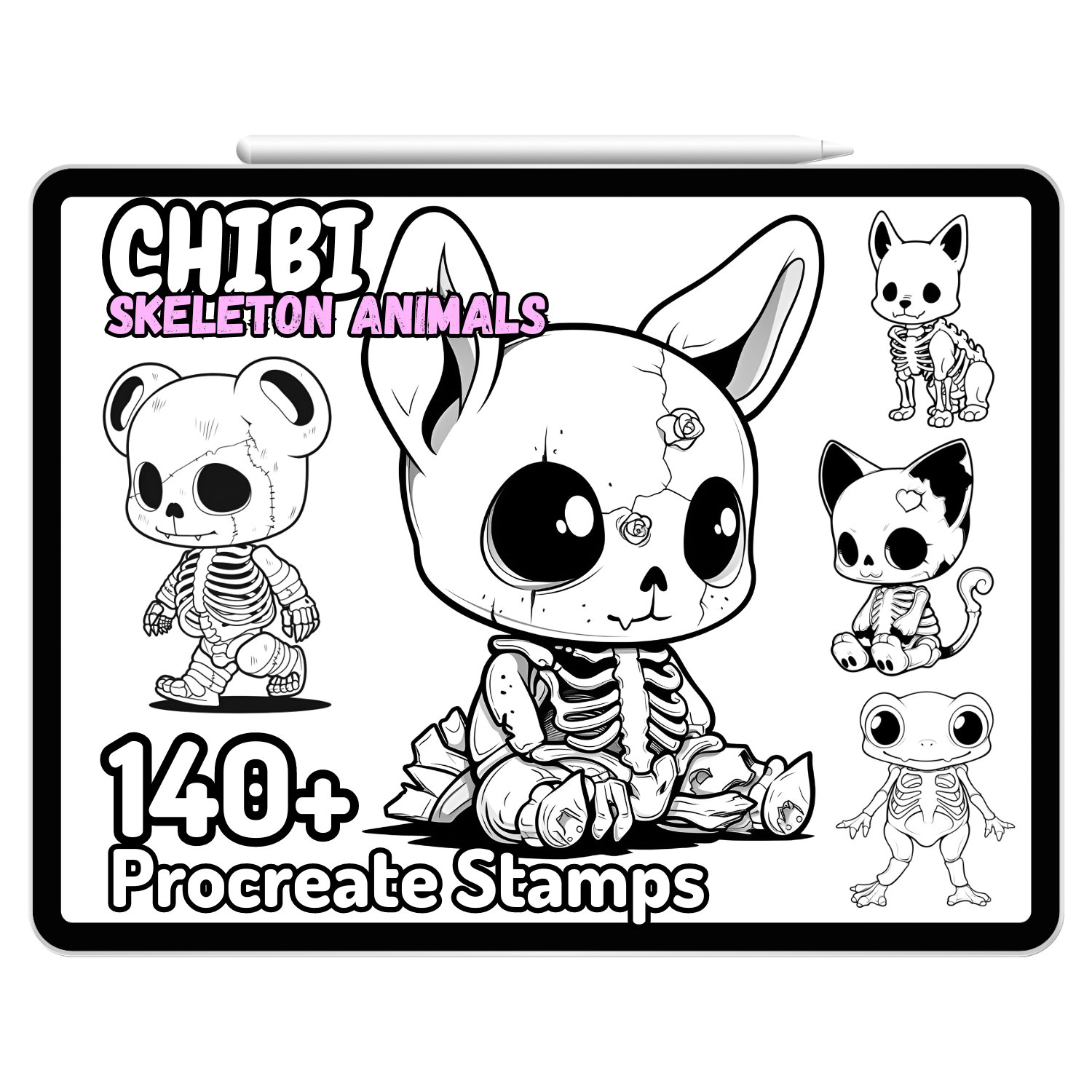 Pinceles Sello Procreate Kawaii Chibi Animales Esqueleto | 140+ Guía de dibujo gótico Halloween tierno tatuaje