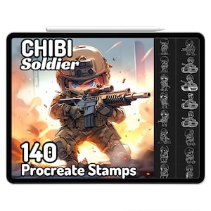 Puede incluir: Una ilustración digital de un soldado chibi sosteniendo un rifle, con un fondo de explosiones. La imagen está en la pantalla de una tableta con el texto "CHIBI Soldier 140 Procreate Stamps" en la parte superior. El lado derecho de la imagen muestra una cuadrícula de 140 sellos en blanco y negro de soldados y tanques chibi.