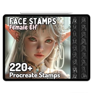 Puede incluir: Una ilustración digital de una elfa femenina con el pelo largo y suelto. La imagen está en la pantalla de una tableta con el texto "FACE STAMPS Female Elf 220+ Procreate Stamps".