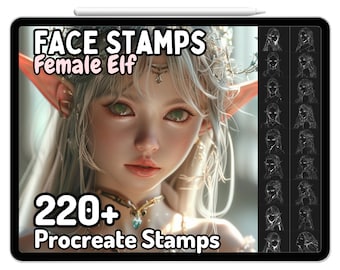 Procreate Anime Elf Face Head Brushes Stamps Girl Fantasy Woman Female Drawing Guides Adult Coloring Book Kpop Japanese Oriental
