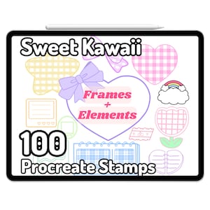 以下が含まれることがあります： かわいいフレームと要素を特徴とする100個のProcreateスタンプのデジタルイラスト。画像には、ギンガム柄とパステルカラーで飾られたハート、星、雲、花など、さまざまな形が表示されています。テキスト「Sweet Kawaii Frames + Elements」はピンクのハート形で表示されています。