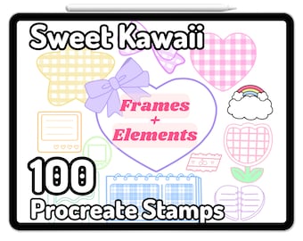 Kawaii Procreate Pennelli Francobolli Cornici Elementi adesivi Note adesive Fiocco Nastri di pizzo Bujo Hearts Soft Goth Post it Carino Estetico Megapack