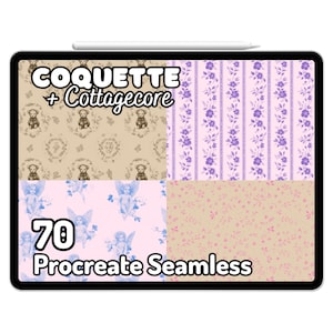 Puede incluir: Una ilustración digital de 70 patrones sin costuras de Procreate en estilo cottagecore. Los patrones presentan osos de peluche, ángeles, flores y rayas en rosa, morado y beige.