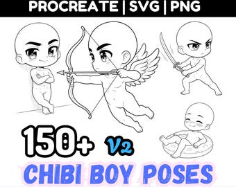 Chibi Boy Poses Base Procreate PNG SVG Hand Gesture Kawaii Character Stamps Brush Guide Cute Male Boy Pets Action Posture Body Anime Manga