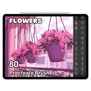 Puede incluir: Una ilustración digital de 80 pinceles Procreate con flores rosas en macetas colgantes. La imagen muestra un balcón con paredes rosas y una barandilla de hierro forjado. El texto "FLOWERS" y "80 Procreate Brushes" se muestra en la imagen.