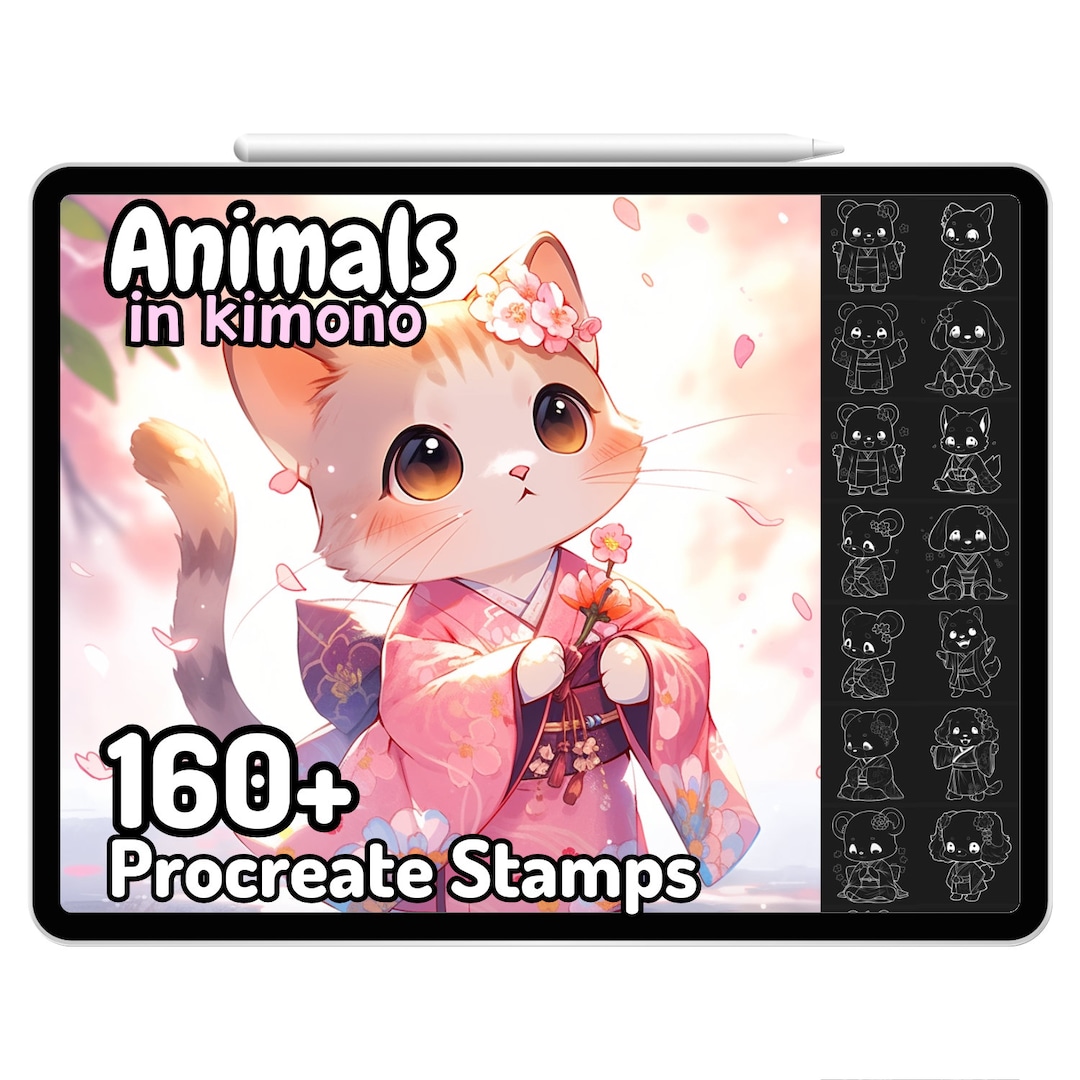 Kawaii Procreate Brushes Stamps Cute Animals Kimono Japanese Anime Pets ...