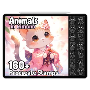 Kawaii Procreate Brushes Stamps Cute Animals Kimono Japanese Anime Pets Cat Dog Puppy Cute Doodle Funny Sticker Bear Cartoon Chibi Kidcore