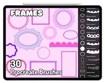 Pretty Frames Kawaii Procreate Brushes Stamps Sticker Elements Sticky Notes Lace Bujo Scalloped Borders Post it Cute Aesthetic Baroque