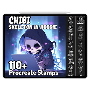 Procreate Chibi Skeleton Hoodie Boy Skull Gothic Funny StreetStyle Drawing Guide Stamp Brushes Tattoo Creepy Cute Halloween Character Sketch