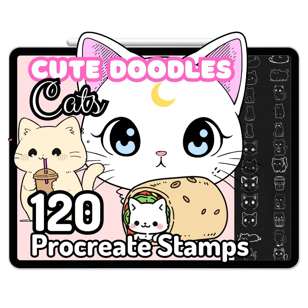 Kawaii Procreate Brushes Stamps Cute Cats Tattoo Design Animals Pets ...