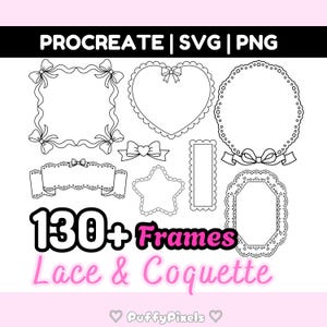 Bonitos marcos de encaje Coquette Procreate Sellos Pinceles PNG SVG Lazos Cintas Bujo Corazones Gótico Elementos de pegatinas Post it Estética linda