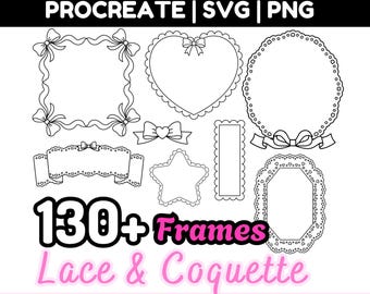 Cornici di pizzo graziose, timbri Procreate, pennelli PNG, SVG, fiocchi, nastri, Bujo, cuori, adesivi gotici, elementi Post-it, estetica carina